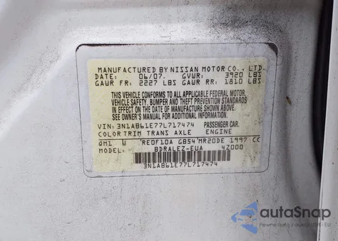 2007 Nissan Sentra 2.0S z USA, uszkodzony, nr VIN 3N1AB61E77L717474